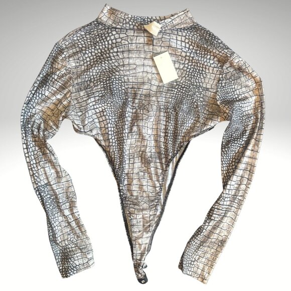 Snake Print Bodysuit Mesh Long Sleeve High Neck Reptile NWT Size Large - Picture 2 of 3